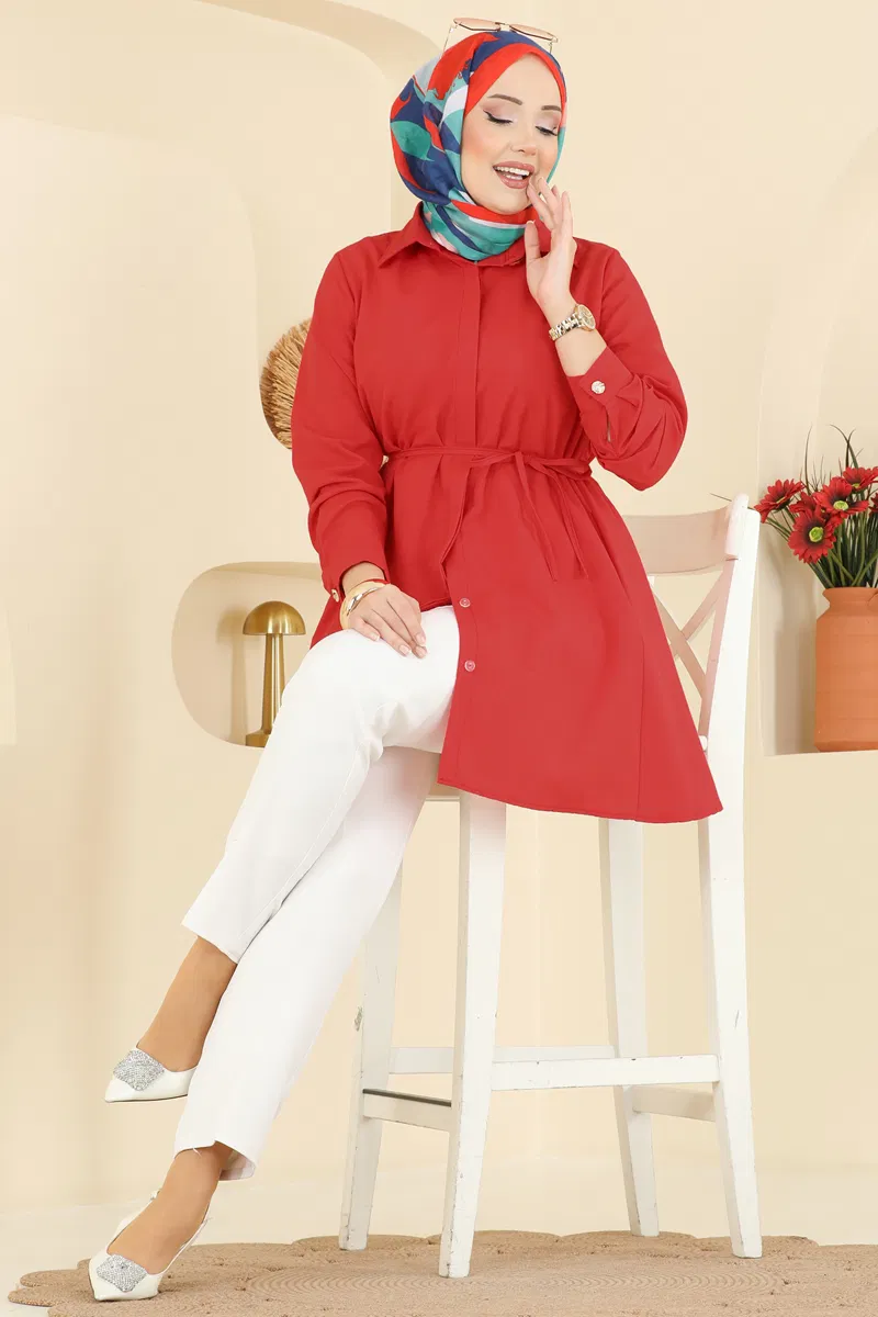 Beli Bağcıklı Terikoton Gömlek 3077KTR750-MS Kırmızı