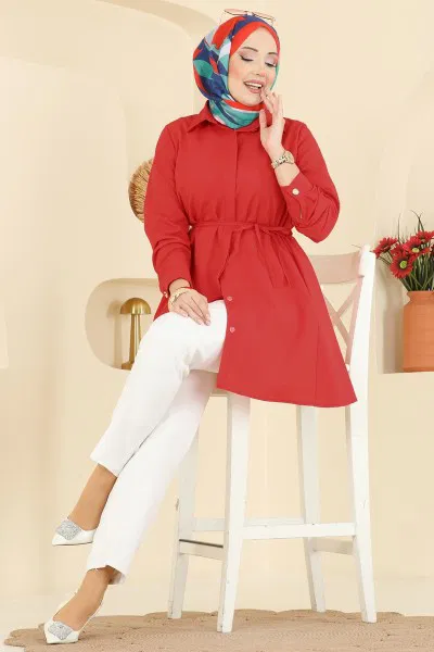 K.T.R. - Beli Bağcıklı Terikoton Gömlek 3077KTR750-MS Kırmızı