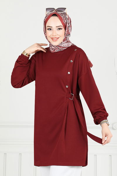 MRV A.Y.D. - Beli Bağcıklı Tesettür Takım 2708AYD969-M Bordo&Ekru - 355791