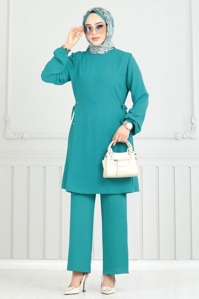 B.M.R. - Beli Bağcıklı Tesettür Takım 3004BM387-MS Açık Petrol