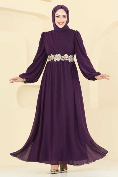 A.B. - Beli Güpürlü Şifon Abiye 8115AB368-MS Mor - 394238