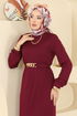 Beli Kemerli Burgu Elbise 8020UZ662-MS Bordo - Thumbnail