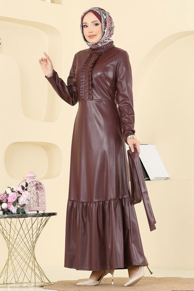 A.L. - Beli Kemerli Deri Elbise 5285AL357-MS Bordo - 402933