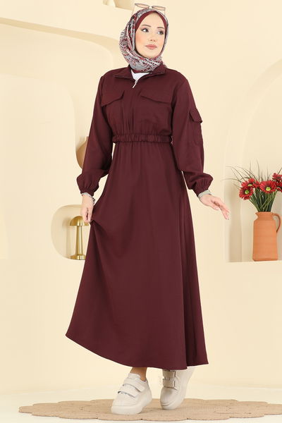 O.L.A. - Beli Kemerli Tesettür Elbise 15900OLA1188-MS Bordo - 428921