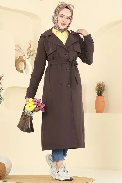 B.İ.S.S.K. - Beli Kuşaklı Cepli Trençkot 6248BSK463-MS Kahve