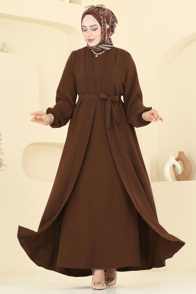 B.G.S. - Beli Kuşaklı Elbise Takım 0347BG354-MS Açık Kahve