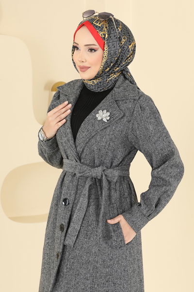 S.V.L. - Beli Kuşaklı Kaşe Kaban 9054S324-MS Gri - 417373