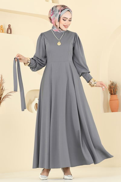 U.K.B. - Beli Kuşaklı Krep Elbise 23031UKB139-MS Gri - 394906