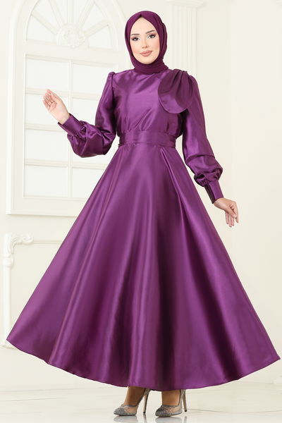 A.S.M.K. - Beli Kuşaklı Saten Abiye 2745ASMK1074-MS Koyu Lila - 382731