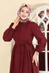 Beli Kuşaklı Terikoton Elbise 3076KTR750-MS Bordo - Thumbnail
