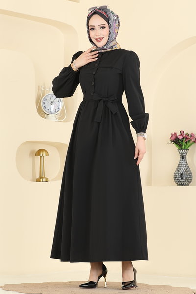 K.T.R. - Beli Kuşaklı Terikoton Elbise 3076KTR750-MS Siyah - 423667