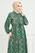 Beli Laced Up Patterned Dress 1137BGS895-M Emerald - Thumbnail
