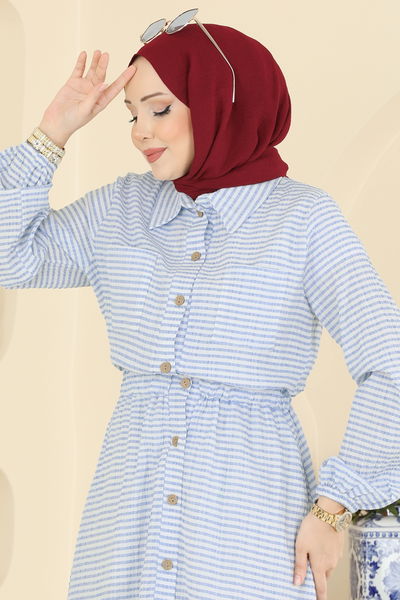 O.Z.N. - Beli Lastikli Çizgili Elbise 7020OZN1046-MS Bebe Mavisi - 428313