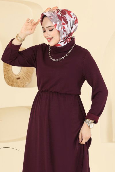 M.P.R. - Beli Lastikli Modal Elbise 21201MPR1163-MS Bordo