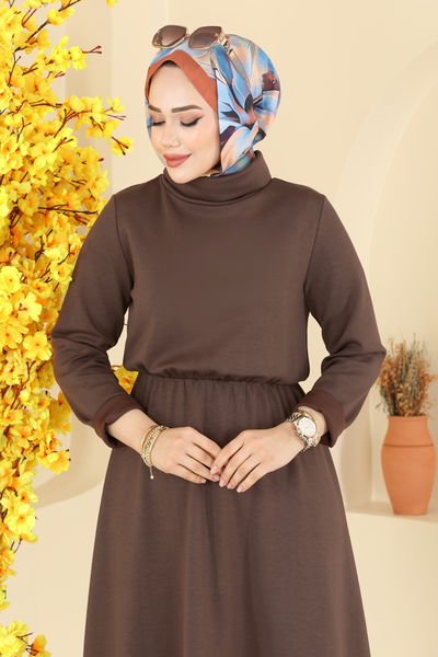 M.P.R. - Beli Lastikli Modal Elbise 21201MPR1163-MS Kahve - 412251