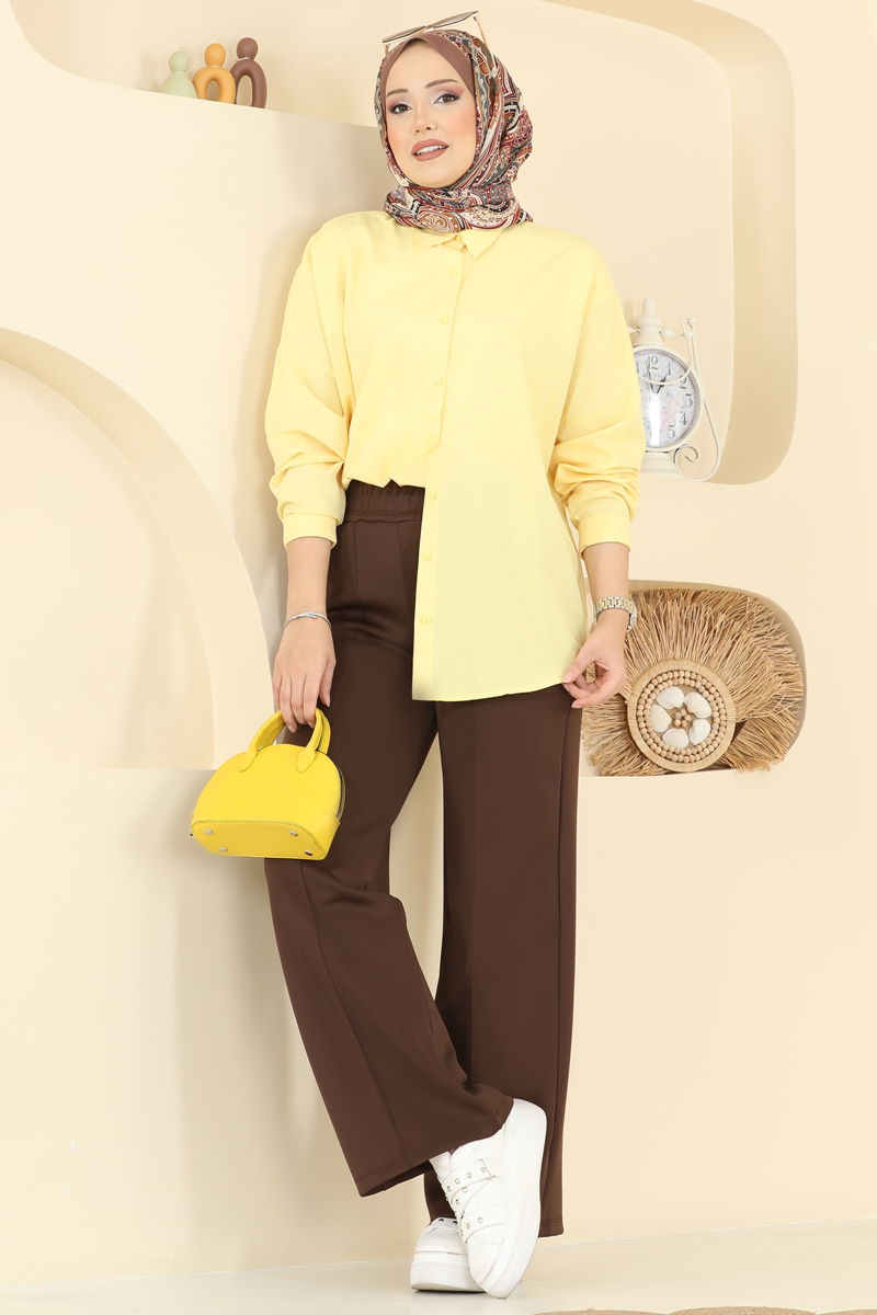 Beli Lastikli Scuba Pantolon 7092TEG847-MS Kahve