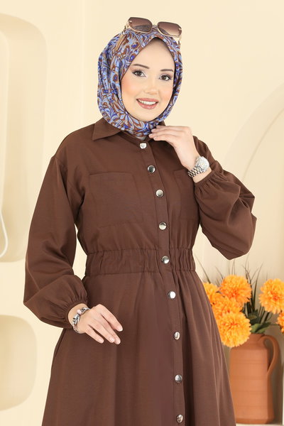 D.N.Z. - Beli Lastikli Terikoton Elbise 5071DNZ1187-MS Kahve - 426981