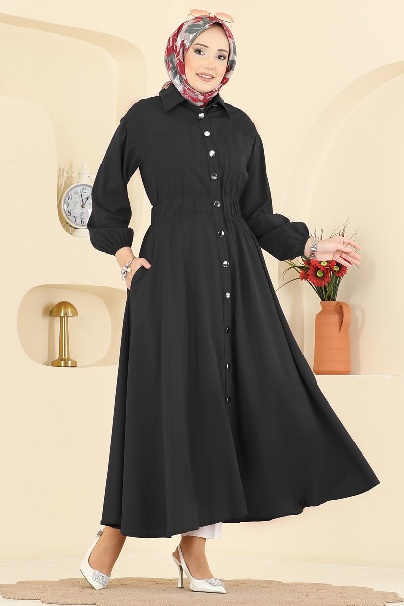 Beli Lastikli Terikoton Elbise 5071DNZ1187-MS Siyah