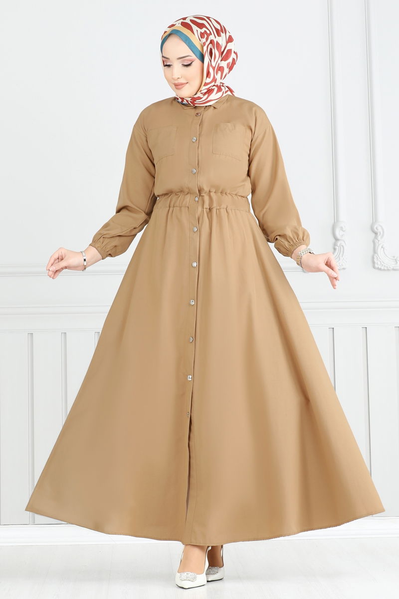 Beli Lastikli Tesettür Elbise 805OZN1046-MS Latte