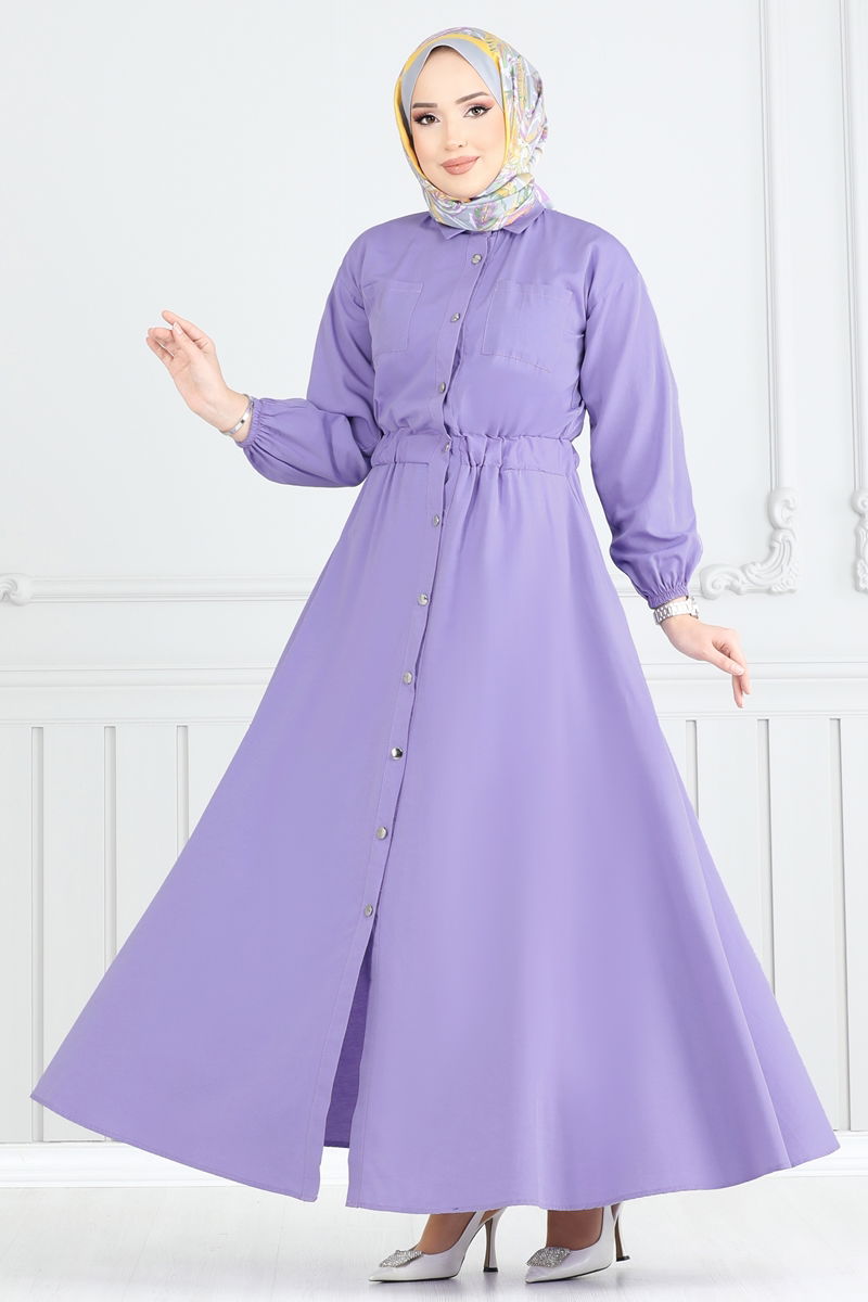 Beli Lastikli Tesettür Elbise 805OZN1046-MS Lila