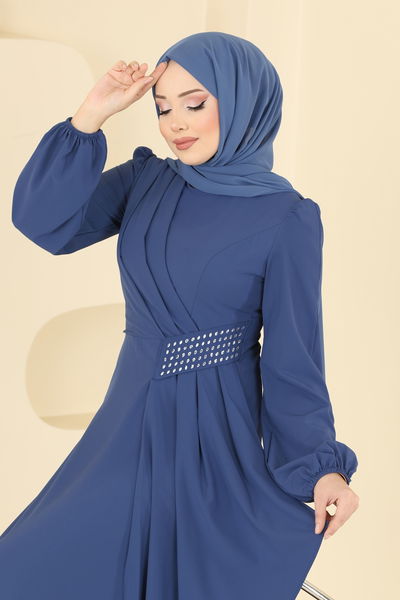 A.S.M.K. - Beli Taş Detaylı Abiye Elbise 2597ASMK1074-MS İndigo - 418907