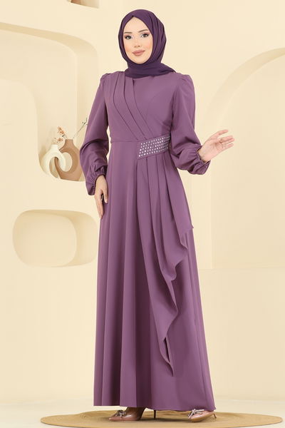A.S.M.K. - Beli Taş Detaylı Abiye Elbise 2597ASMK1074-MS Koyu Lila - 418909