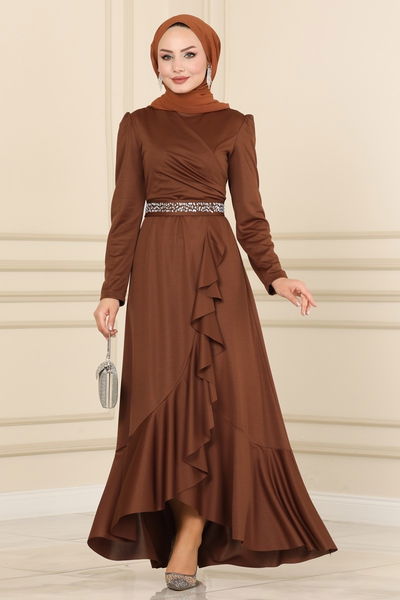 A.S.M.K. - Beli Taşlı Abiye Elbise 2497ASMK1074-MS Kahve - 389826