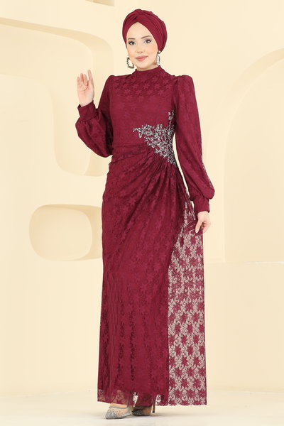 E.D.F. - Beli Taşlı Dantel Abiye 5739EDF311-MS Bordo - 425137