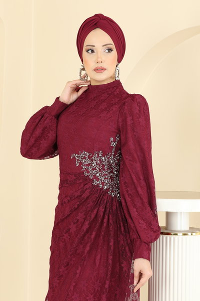 E.D.F. - Beli Taşlı Dantel Abiye 5739EDF311-MS Bordo - 425138