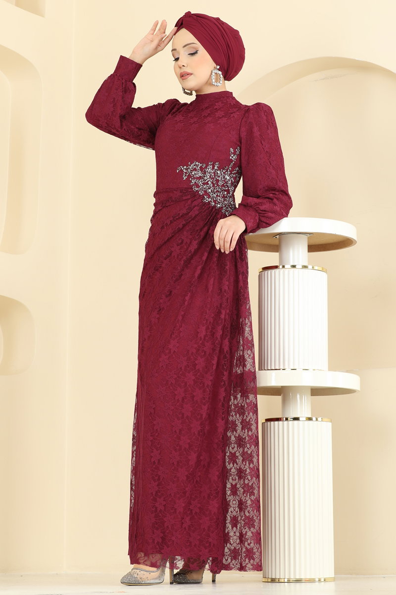 Beli Taşlı Dantel Abiye 5739EDF311-MS Bordo