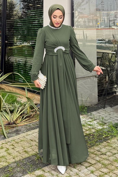 A.L.G.K. - Beli Taşlı Tül Abiye 4695ALGK1170-MS Haki - 428701