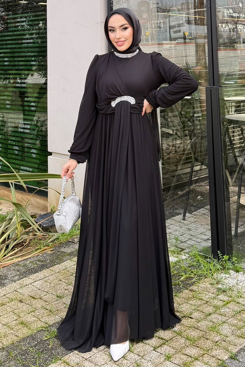 Beli Taşlı Tül Abiye 4695ALGK1170-MS Siyah