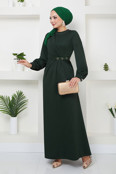 MRV S.L. - Beli The Stone Embroidered Evening dress 5027SL890-M Emerald - 344285