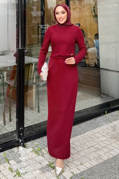 A.L.G.K. - Beli Toka Detaylı Elbise 4679ALGK1170-MS Bordo - 422139