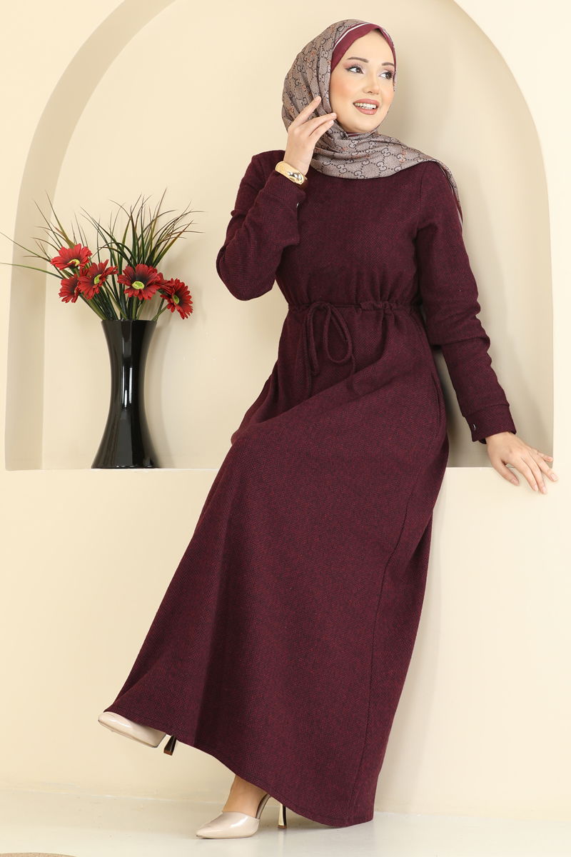 Beli Tünelli Balıksırtı Elbise 24090UKBK1160-MS Bordo