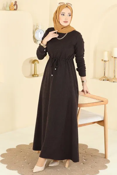 U.K.B.K. - Beli Tünelli Balıksırtı Elbise 24090UKBK1160-MS Kahve