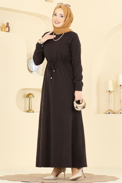 U.K.B.K. - Beli Tünelli Balıksırtı Elbise 24090UKBK1160-MS Kahve - 428818