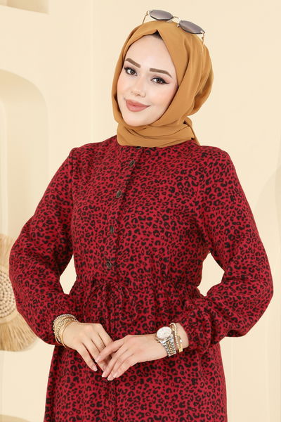 K.T.R. - Beli Tünelli Desenli Elbise 3064KTR750-MS Kırmızı - 405864