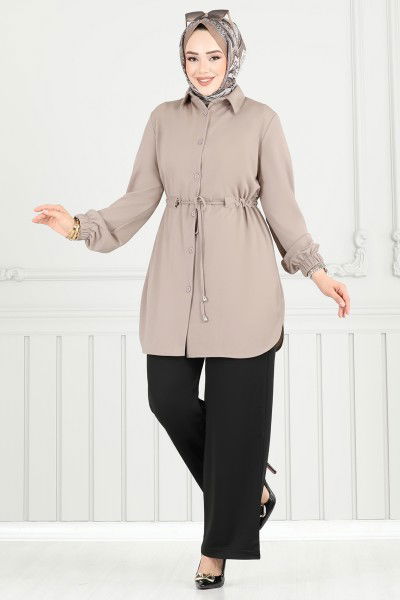 D.V.L. - Beli Tünelli Tesettür Takım 410DVL817-MS Vizyon&Siyah