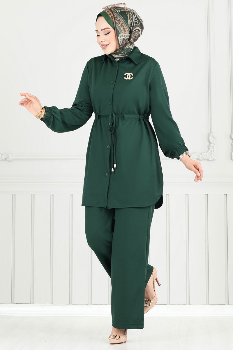 Beli Tünelli Tesettür Takım 410DVL817-MS Zümrüt