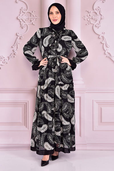 NEV - مربوط اصطف شيفون اللباس أسود نيف14860 - 292645