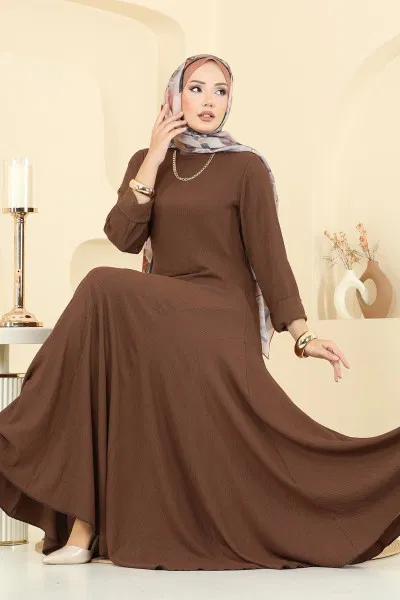 E.R.K. - Bisiklet Yaka Bürümcük Elbise 7132ERK1158-MS Kahve