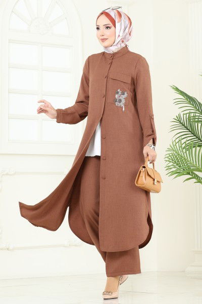 S.L. - Boncuk Detay Tesettür Takım 2686SL432-MS Taba