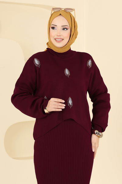 M.T. - Boncuk Detaylı Elbiseli Takım 1001MT581-MS Bordo - 417347