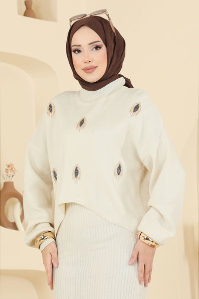 M.T. - Boncuk Detaylı Elbiseli Takım 1001MT581-MS Taş - 417351