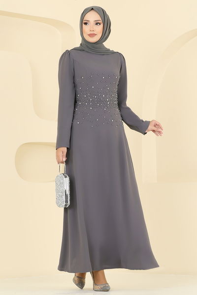 S.L. - Boncuk Detaylı Krep Abiye 2727SL432-MS Antrasit - 393833