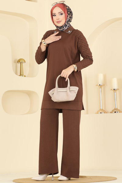 A.R.T. - Boncuk Detaylı Merserize Triko Takım 144ART1138-MS Kahve - 417150