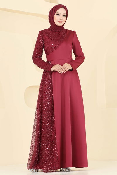 E.L.C. - Boncuk Detaylı Saten Abiye 2818ELC1143-MS Bordo - 392975