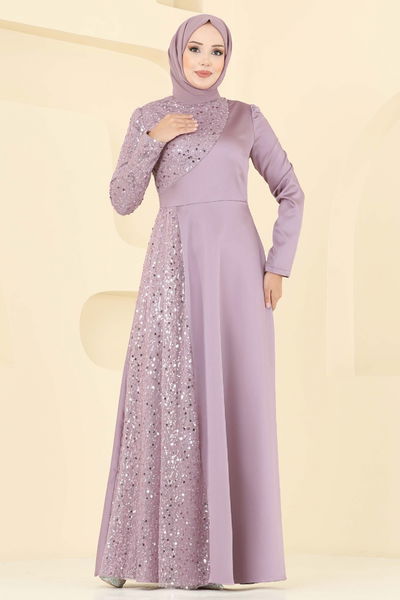 E.L.C. - Boncuk Detaylı Saten Abiye 2818ELC1143-MS Koyu Pudra - 392984