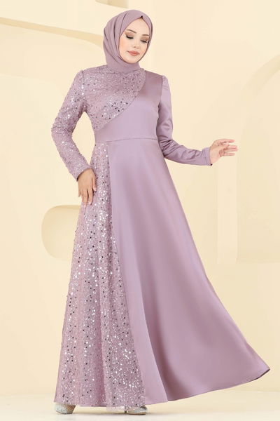 E.L.C. - Boncuk Detaylı Saten Abiye 2818ELC1143-MS Koyu Pudra - 392985